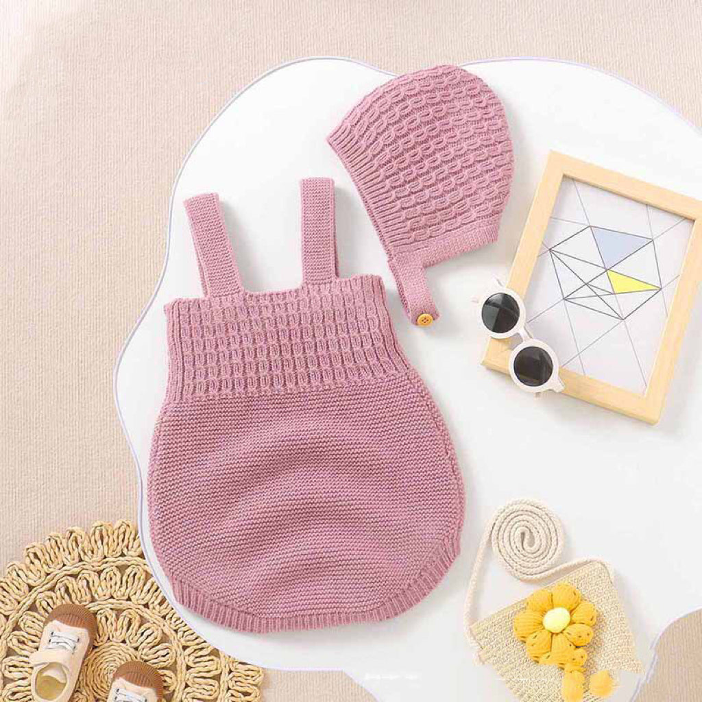 Baby Girl Solid Color Sling Knitted Onesies With Hat Sets-0