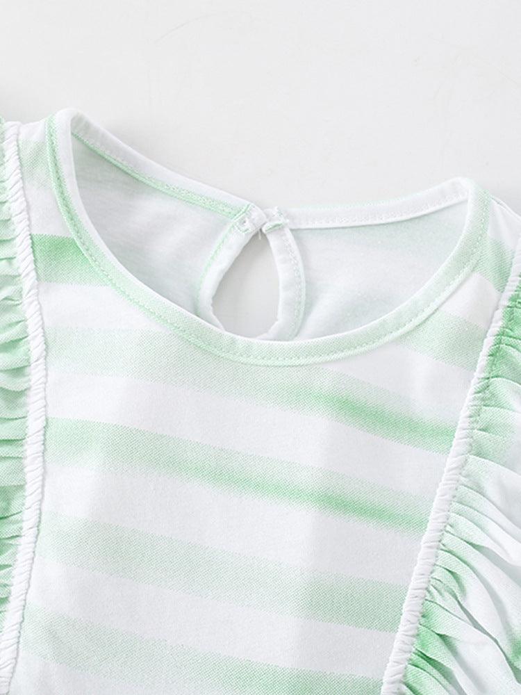 Summer New Arrival Baby Kids Girls Sleeveless Light Green Striped Crew Neck Dress-1