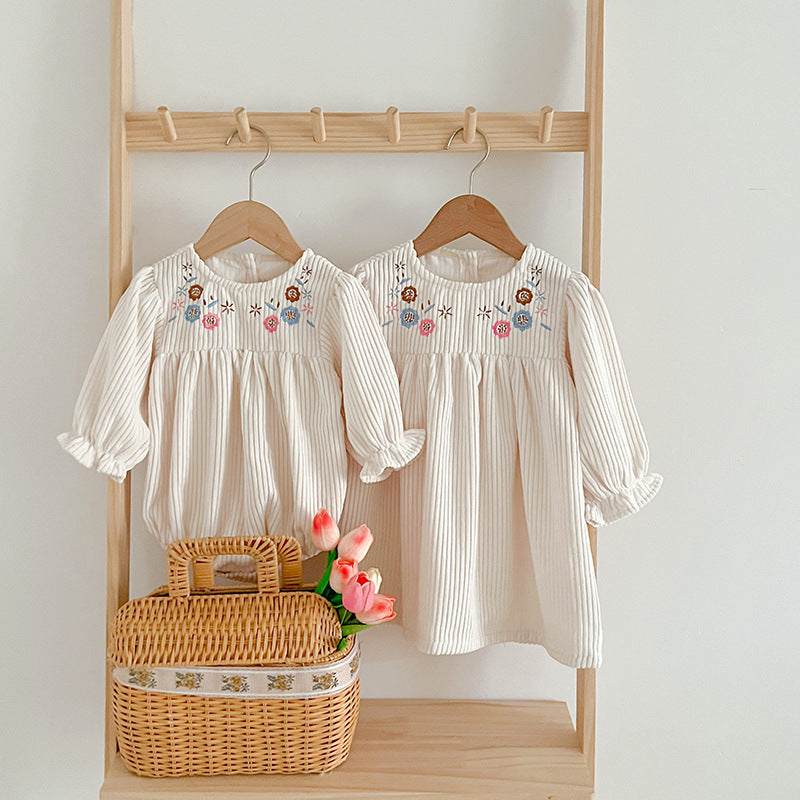 New Spring/Autumn Baby Onesies And Dress For Girls With Long Sleeves And Embroidered Flowers – Princess Sister Matching Set-1