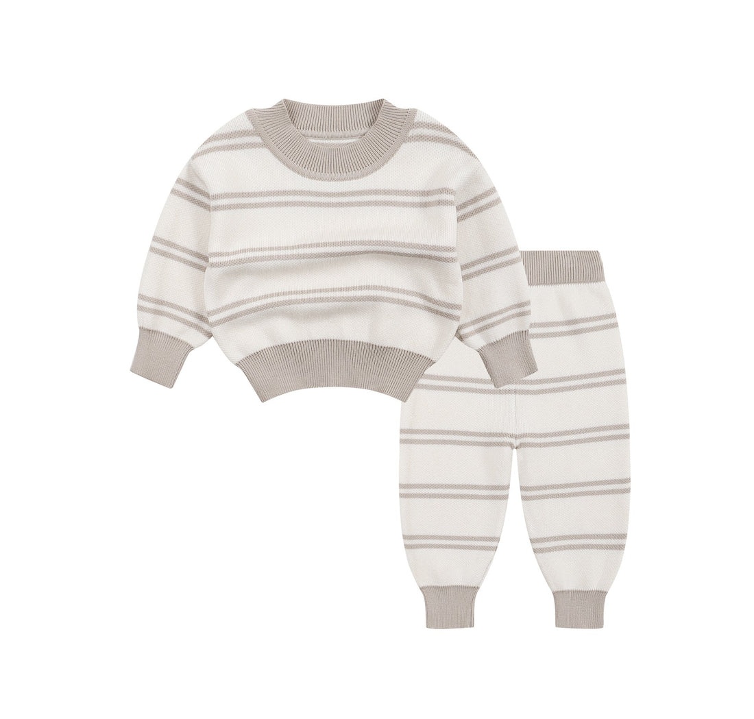 Unisex Baby And Kids Grey Striped Pullover Sweater And Pants Casual Home Clothing Set-1