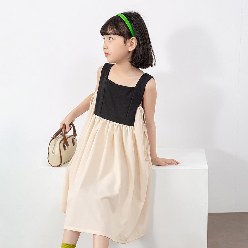 Girls Colorblock Design Square Neck Sleeveless Dress-1