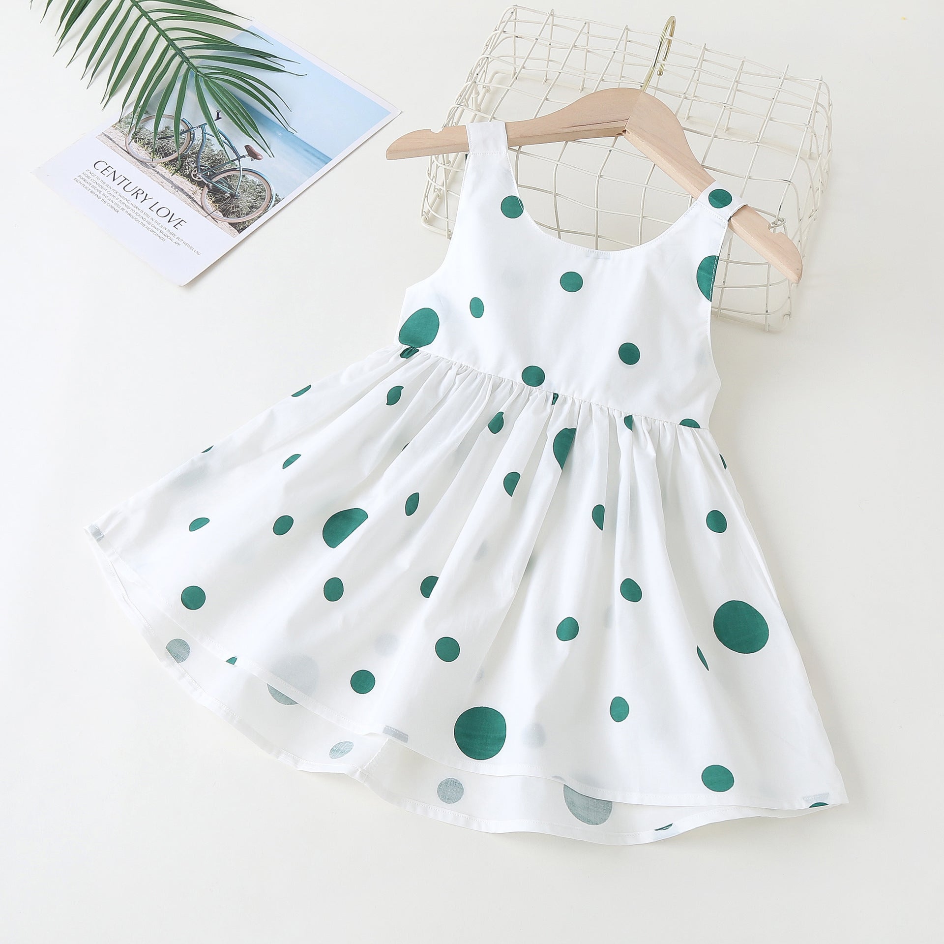 Baby Girls Polka Dot Pattern Sleeveless Round Collar Dress With Bow Decoration-2