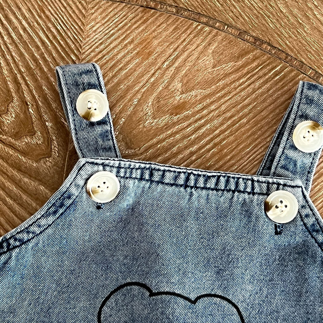 Baby Cartoon Bear Pattern Fashion Denim Strap Oniesies-1