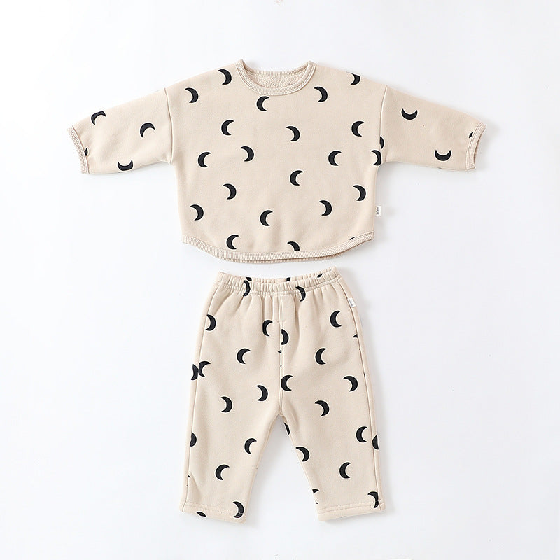 Unisex Baby Moon Print Round Collar Top Combo Long Pants In Sets-1