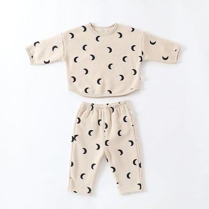 Unisex Baby Moon Print Round Collar Top Combo Long Pants In Sets-1