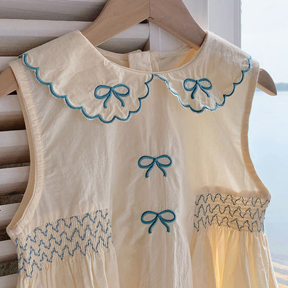 Summer Baby Kids Girls Vintage Sleeveless Bows Pattern Embroidery Collar Dress-1