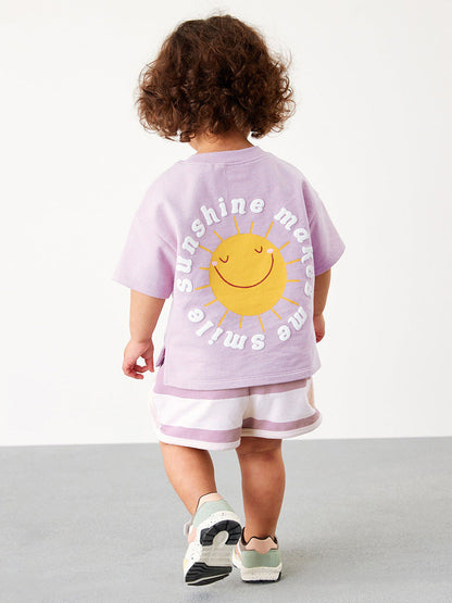 Baby And Kids Girls Purple Short Sleeves Top And Shorts Casual Clothing Set-1