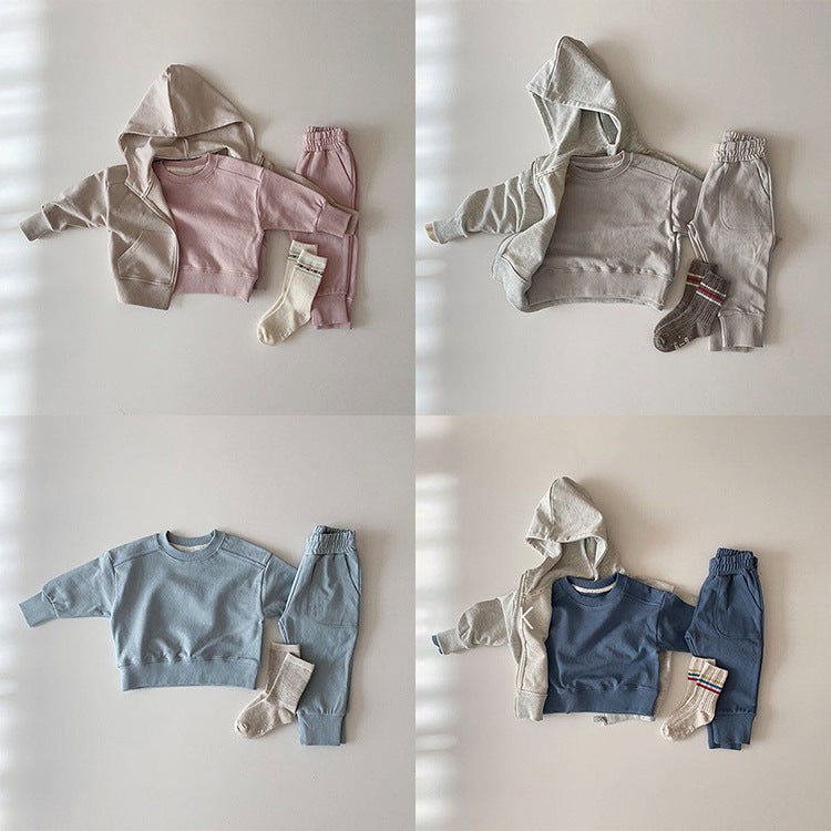 Baby Boy And Girl Solid Color Pullover Hoodies Combo Pants Pieces Sets-1