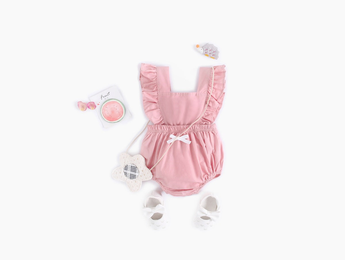 Baby Girl Square Collar Lace Design Denim Fabric Sleeveless Backless Onesies With Bow Decoration-1