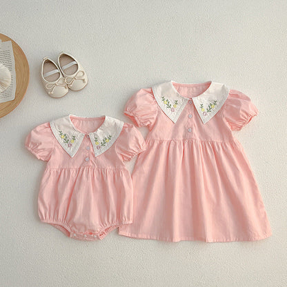 Summer Baby Kids Girls Flowers Embroidery Collar Onesies And Girls’ Dress – Princess Sister Matching Set-1