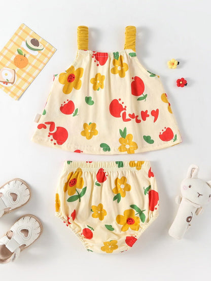 Summer Baby Kids Girls Floral Pattern Sleeveless Strap Top Dress And Bloomers Casual Clothing Set-0