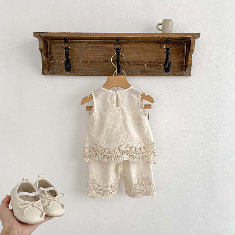 New Design Summer Baby Kids Girls Floral Embroidery And Hollow-Out Pattern Dress And Shorts Clothing Set-1