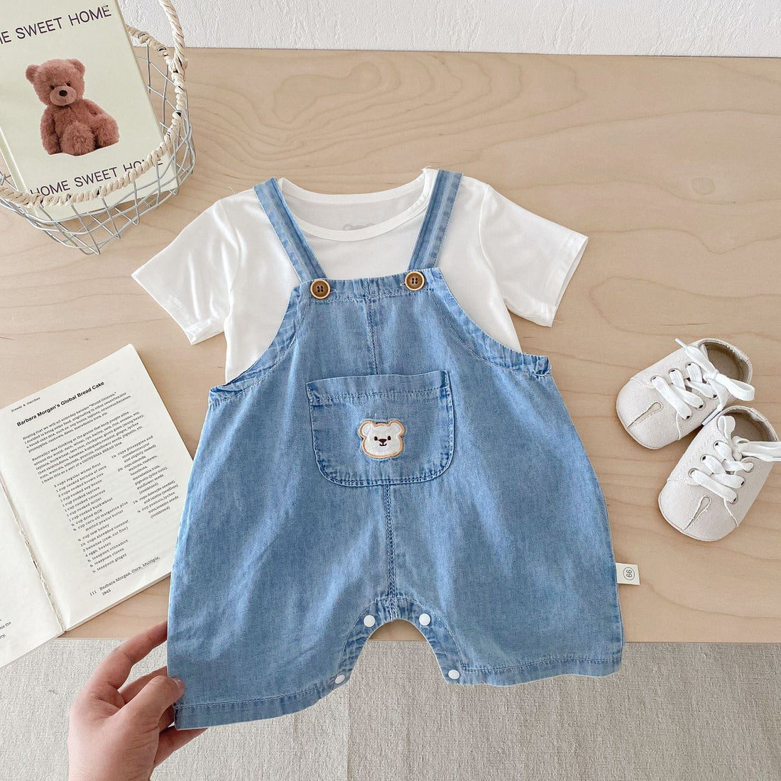 New Arrival Summer Baby Kids Unisex Teddy Bear Pattern Short Sleeves T-Shirt And Thin Denim Overalls Romper – Baby Matching Clothing Set-1