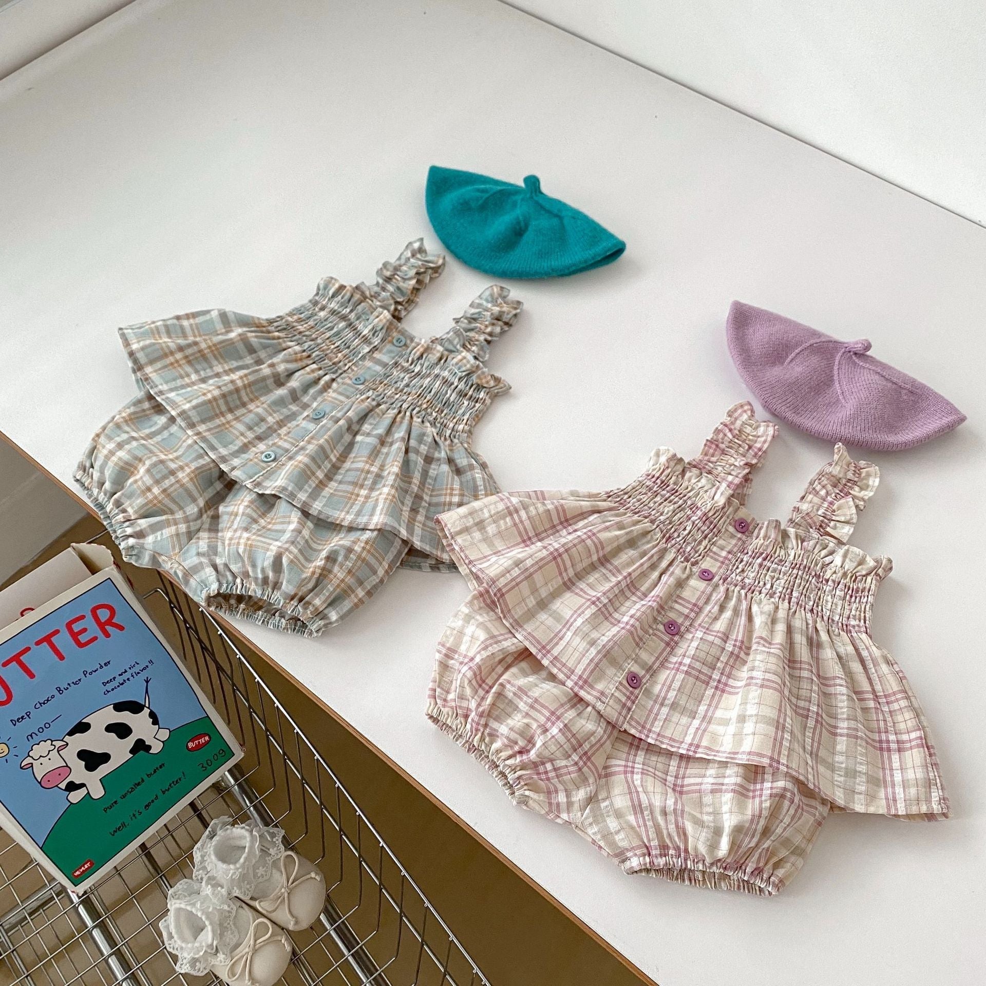 Summer Baby Kids Girls Plaid Sleeveless Strap Single Breasted Top And Shorts Casual Clothing Set-3
