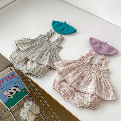 Summer Baby Kids Girls Plaid Sleeveless Strap Single Breasted Top And Shorts Casual Clothing Set-3