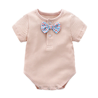 Baby Boy And Girl Solid Color Bow Tie Design Short Sleeve Buttoned Onesies-1