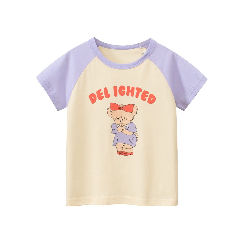 Angry Bear Printing Girls’ Patchwork T-Shirt For Summer-1