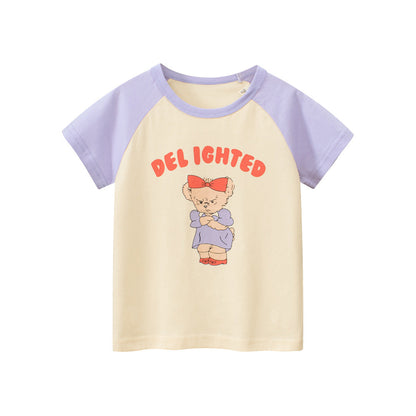 Angry Bear Printing Girls’ Patchwork T-Shirt For Summer-1