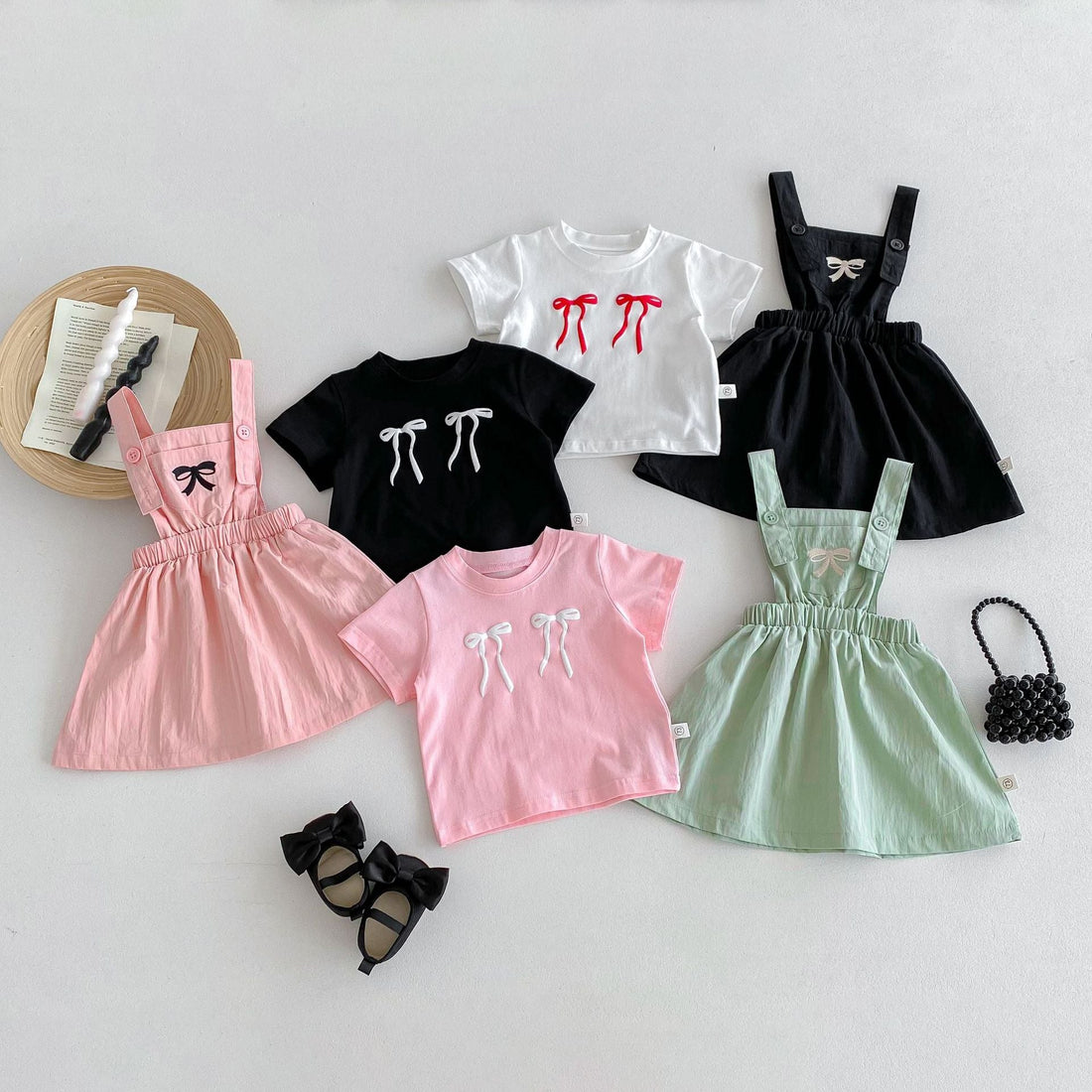 New Arrival Summer Baby Kids Girls Bow Embroidery Pattern Simple Overalls Design Dress And T-Shirt – Sister Matching Set-0
