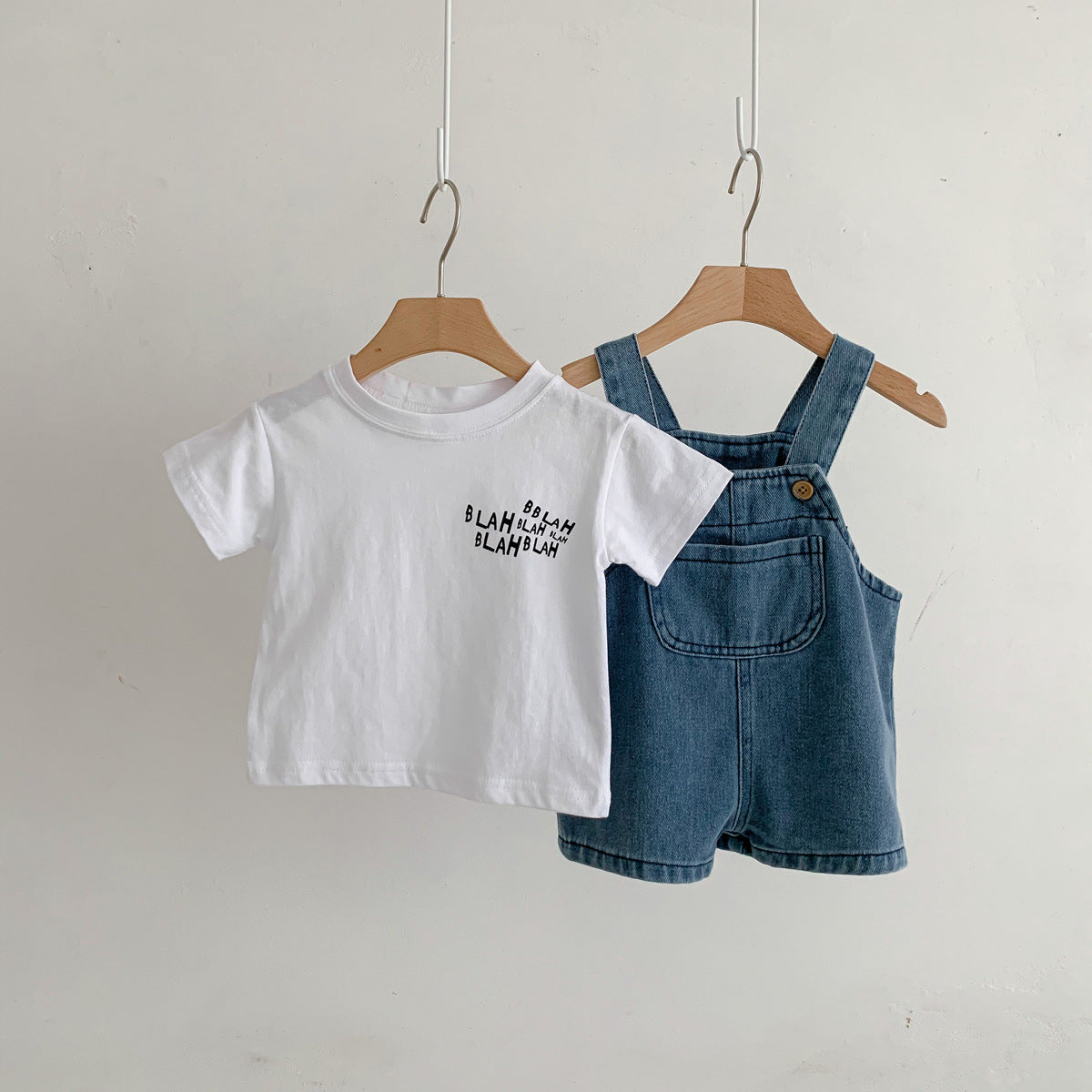 Summer Baby Kids Unisex Letter Print T-Shirt And Denim Overalls Clothing Set-1