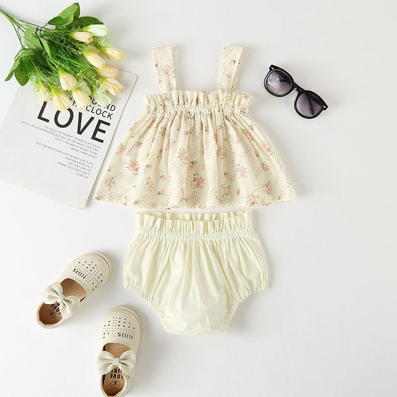 Baby Girl Floral Print Pattern Sleeveless Tops Combo Shorts Sets In Summer-1