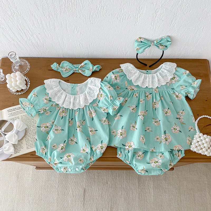 Summer Girls Flowers Pattern Short Sleeves Hollow Out Collar Onesies And Clothing Set – Sister Matching Clothing Set-0