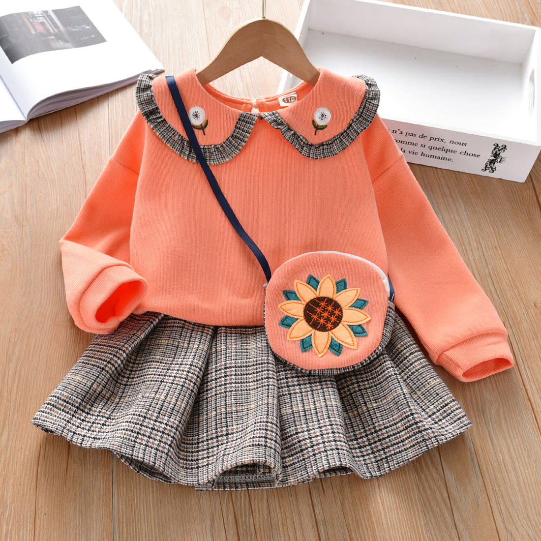 Baby Girl Floral Patches Doll Neck Pullover Hoodie Combo Pleated Skirt Sweet Vintage Style Sets-1