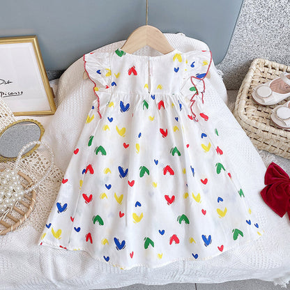 Baby Girl Heart Print Pattern Ruffle Design Sleeveless Dress-1