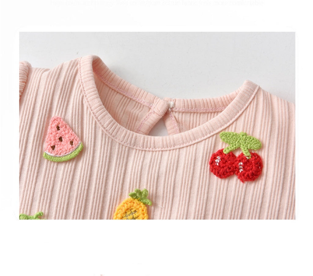 Baby Girls Fruit Embroidered Graphic Lace Sleeve Onesies &amp; Headband-1