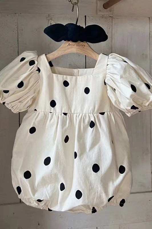 Baby Girl Polka Dot Pattern Square Collar Puff-Sleeved Onesies-1