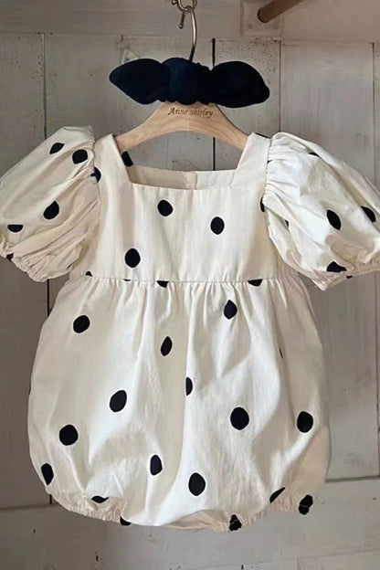 Baby Girl Polka Dot Pattern Square Collar Puff-Sleeved Onesies-1