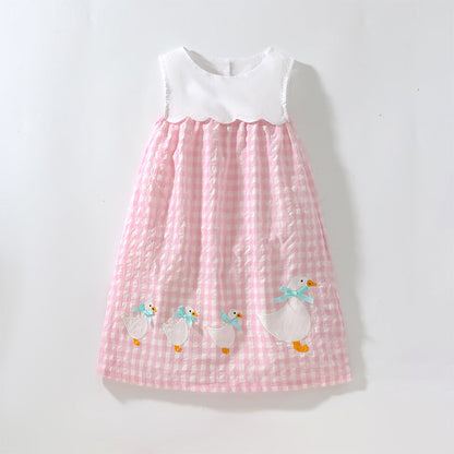 Summer Baby Girls Sleeveless Plaid Patchwork Geese Pattern Dress-0