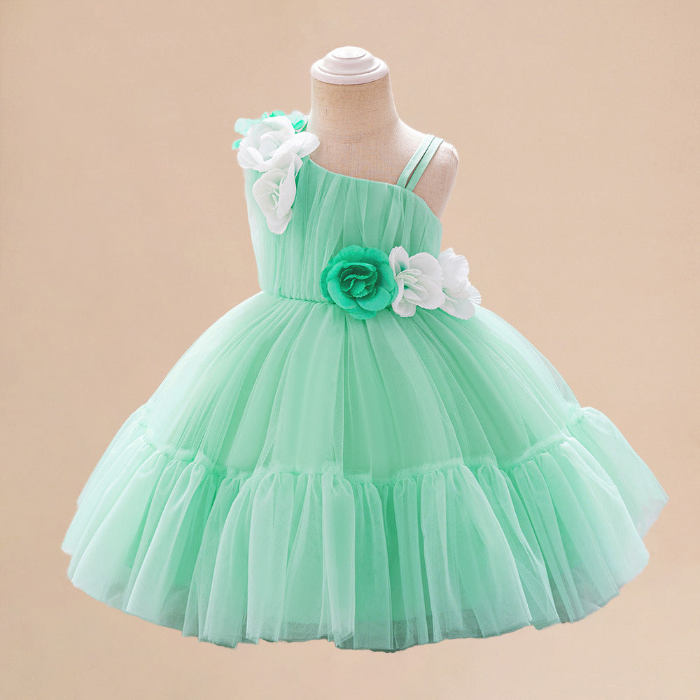 Summer Baby Kids Girls Princess Sleeveless 3D Flowers Birthday Tulle Dress-0