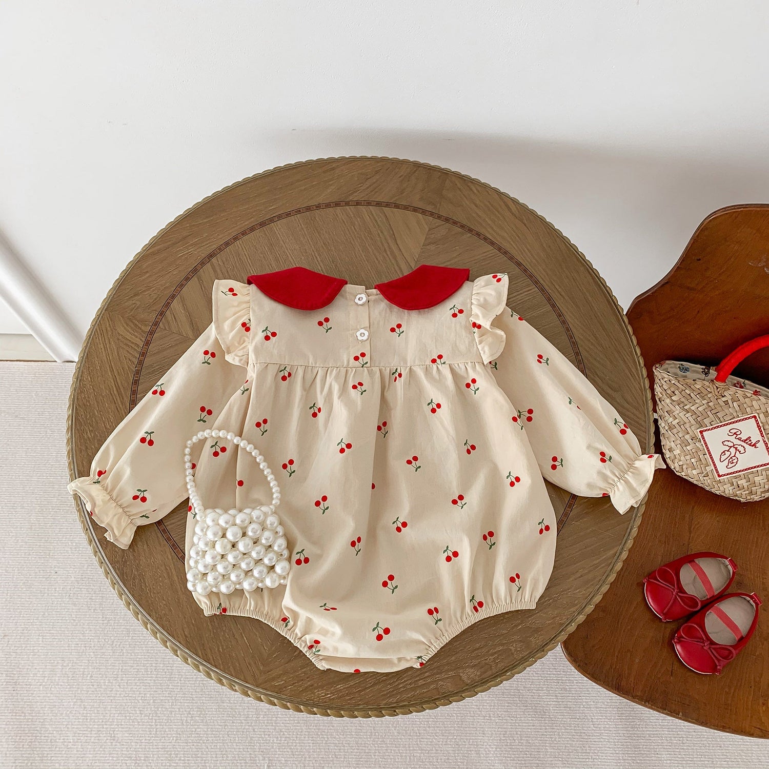 New Arrival Baby Cherry Printing Onesie For Girls With Peter Pan Collar-1