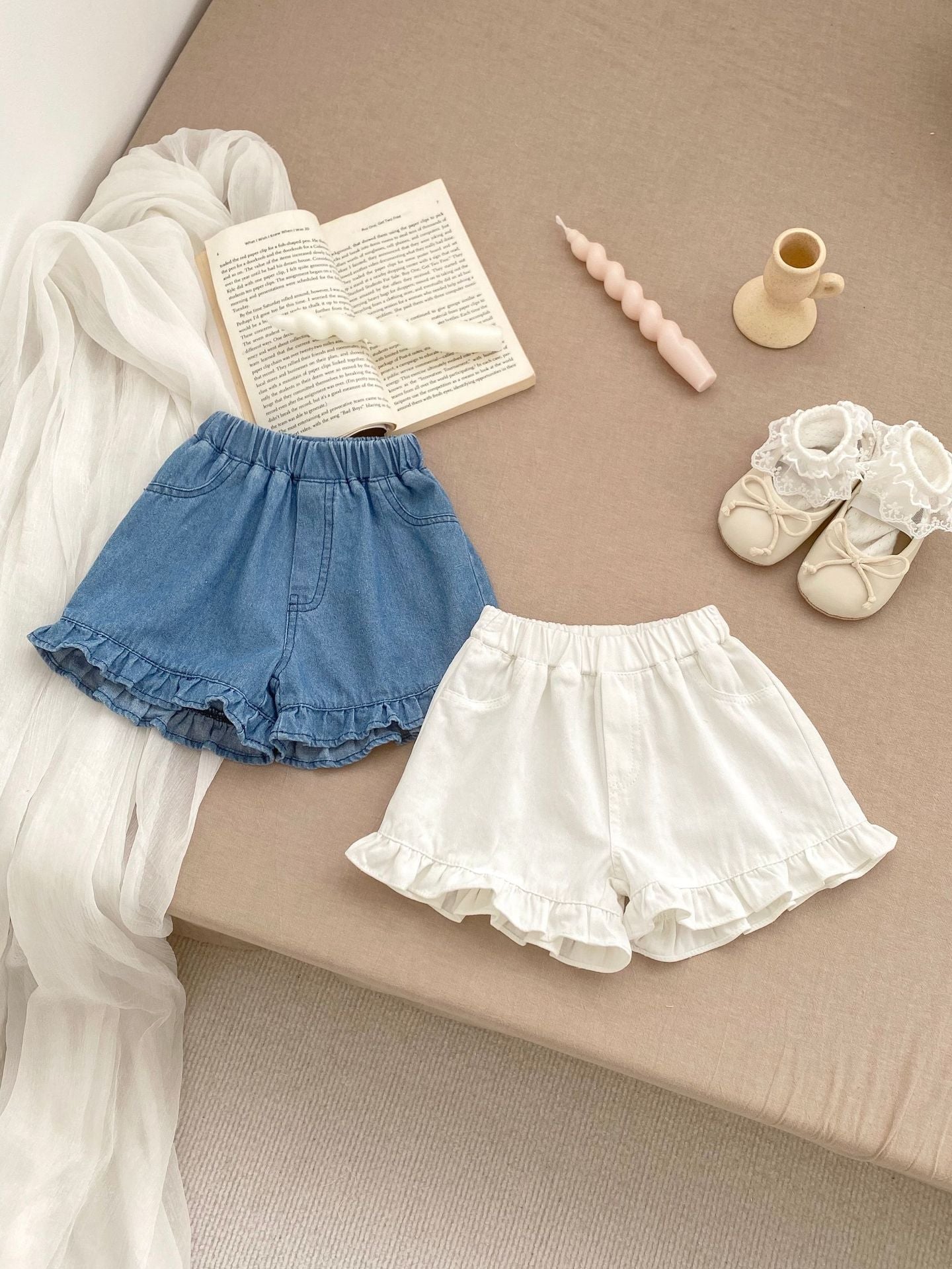 Summer Baby Girl Solid Color Ruffle Trim Denim Shorts-0