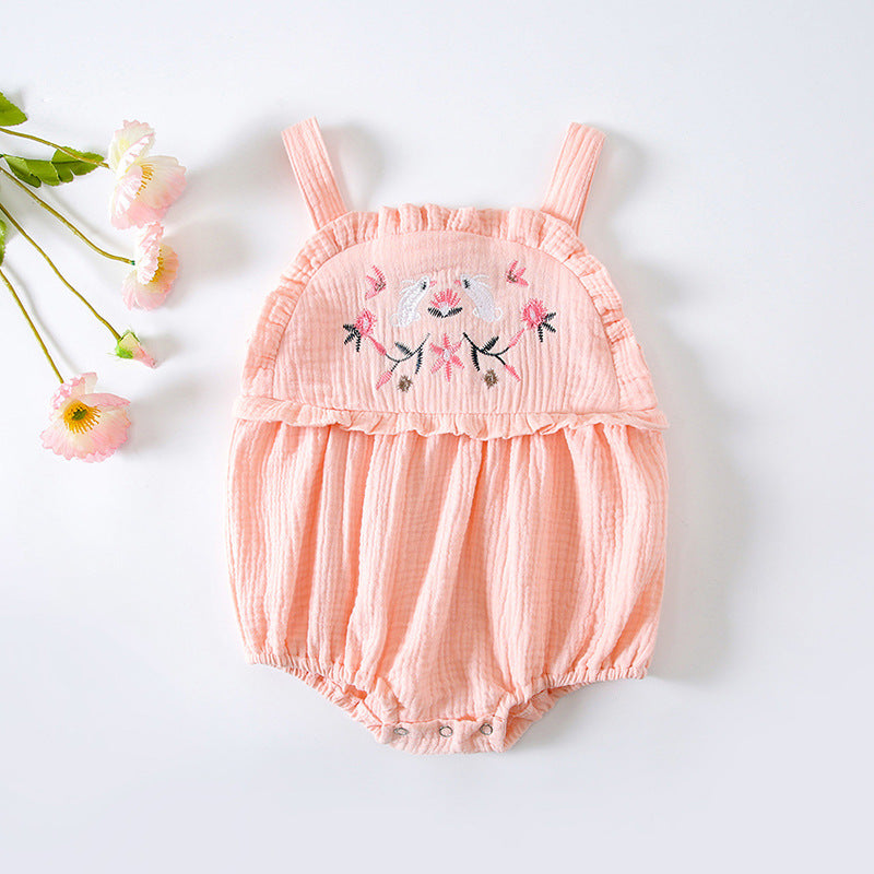 Baby Girl Floral Embroidered Pattern Lace Design Solid Color Sleeveless Onesies In Summer-1