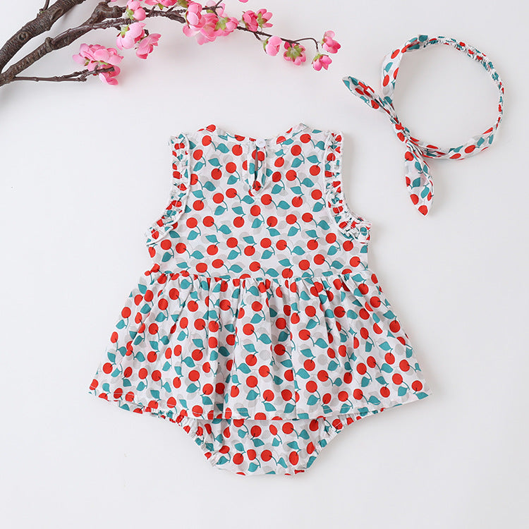 Baby Girl Cherry Print Sleeveless Onesies With Headband-1