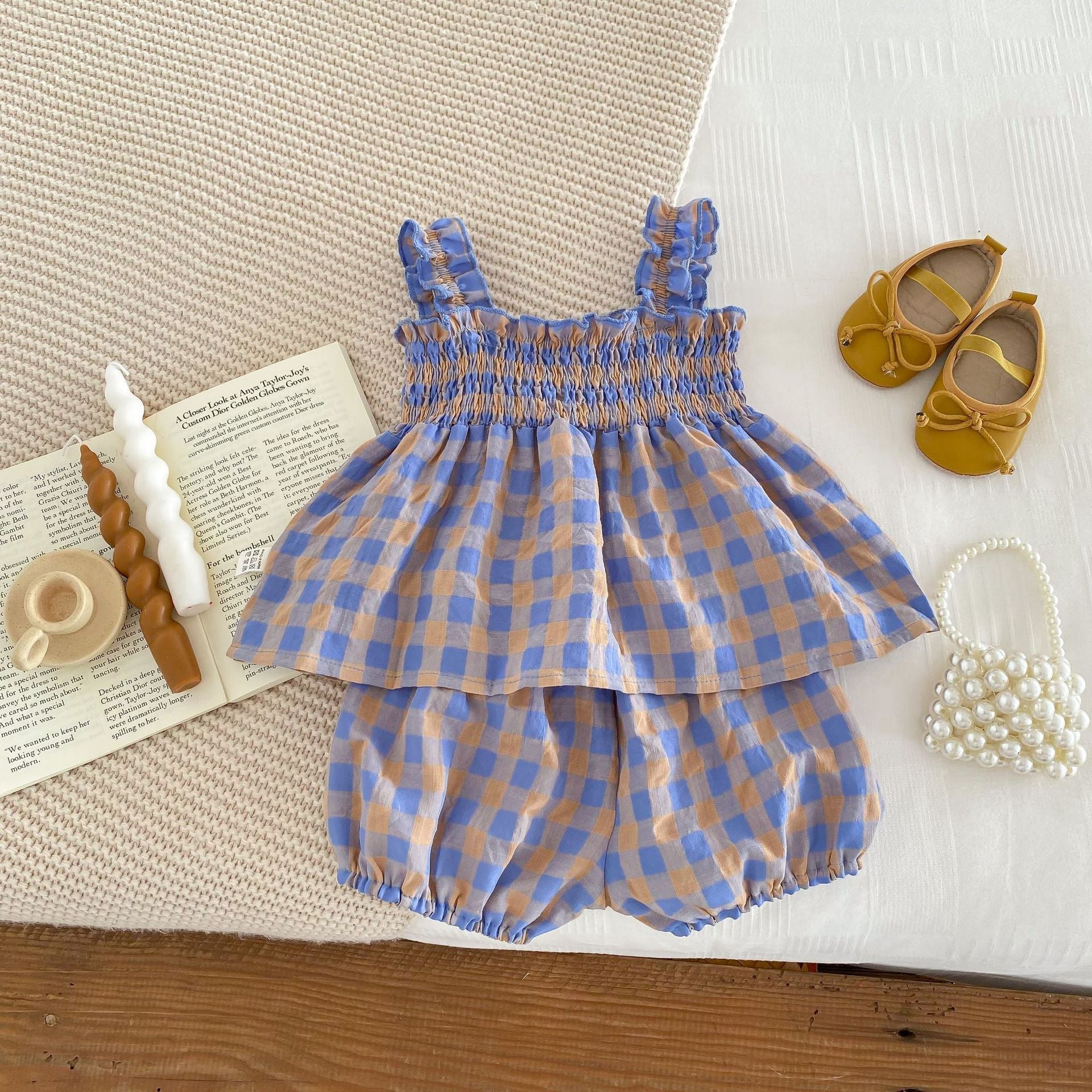 Summer Baby Kids Girls Plaid Strap Dress And Shorts 2-Piece Clothing Set-1