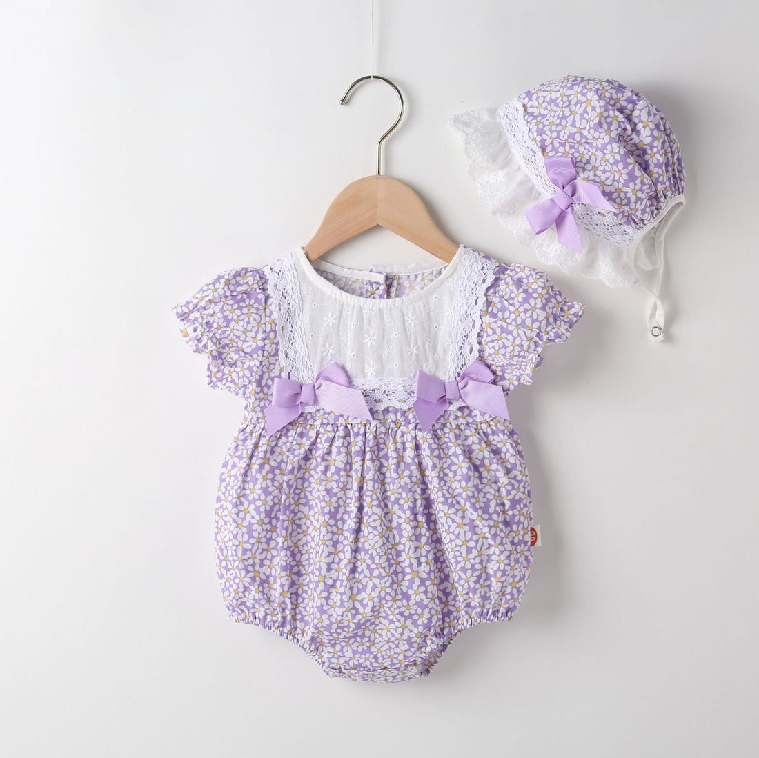 Baby Girl Floral Pattern Lace Patchwork Round Collar Short-Sleeved Colorful Cotton Onesies With Hat-1