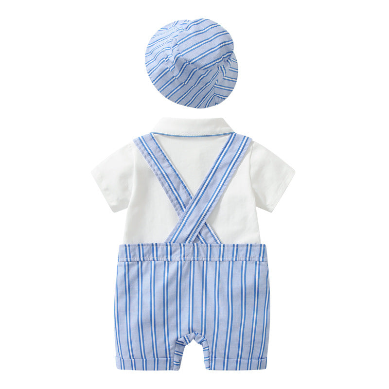 Baby Boy Lapel Solid Bodysuit Combo Striped Graphic Crotch Overall Sets-1