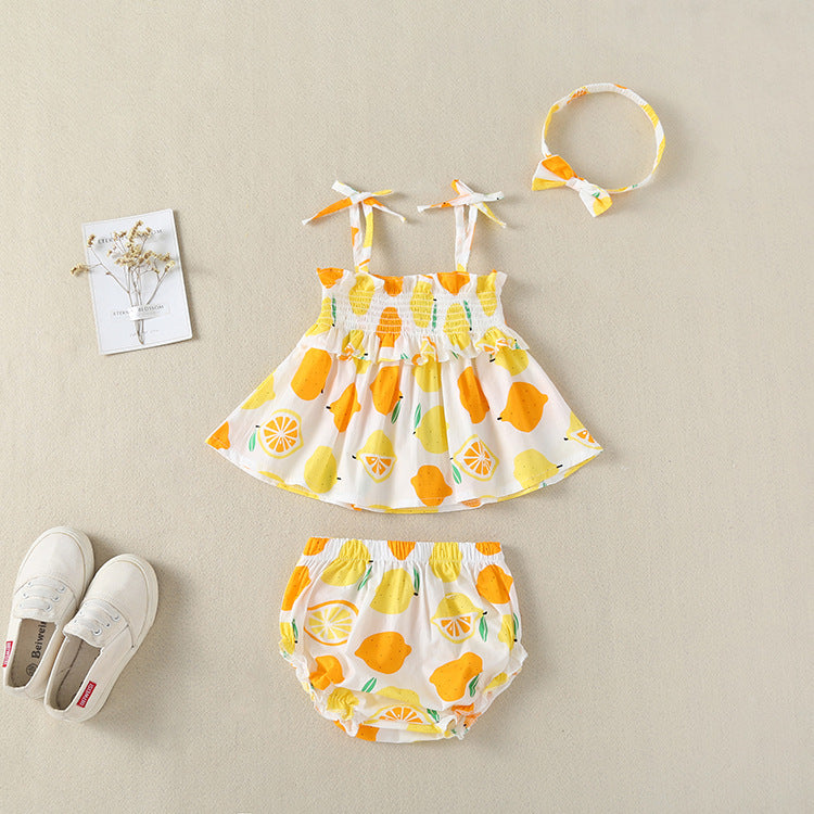 Baby Girl Lemon Fruit Print Sleeveless Dress Combo Short Pants In Sets-1