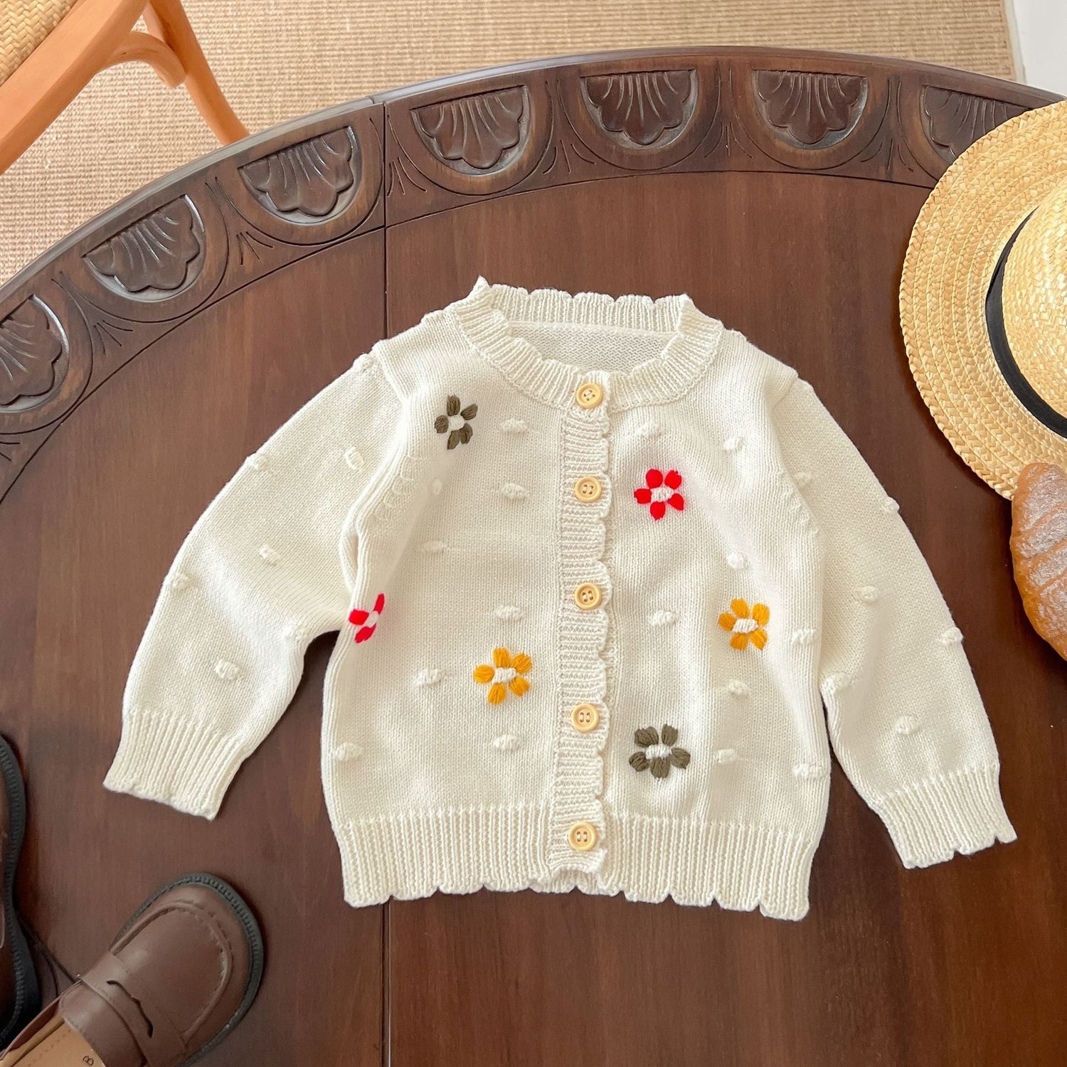 Baby Girl Flower Embroidered Graphic Single Breasted Design Knit Cardigan-1