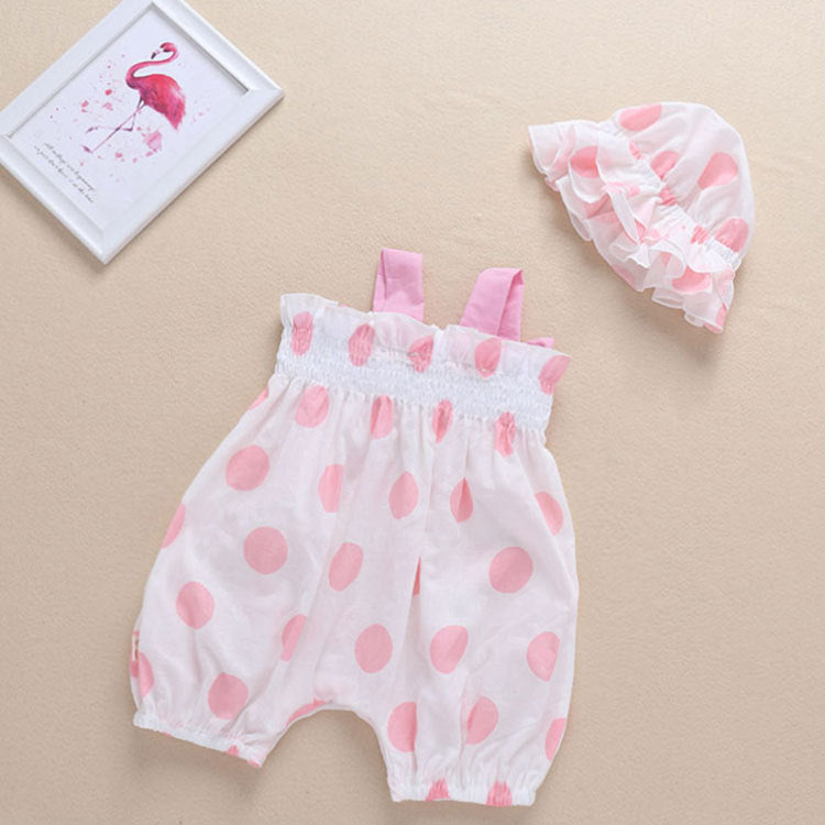 Baby Girl Bow Design Pink Polka Dot Pattern Sleeveless Romper With Hat-1