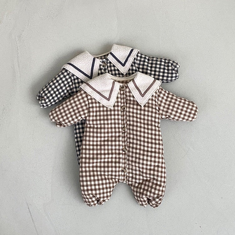 Baby 1pcs Plaid Pattern Lapel Design Quilted Warm Rompers-0