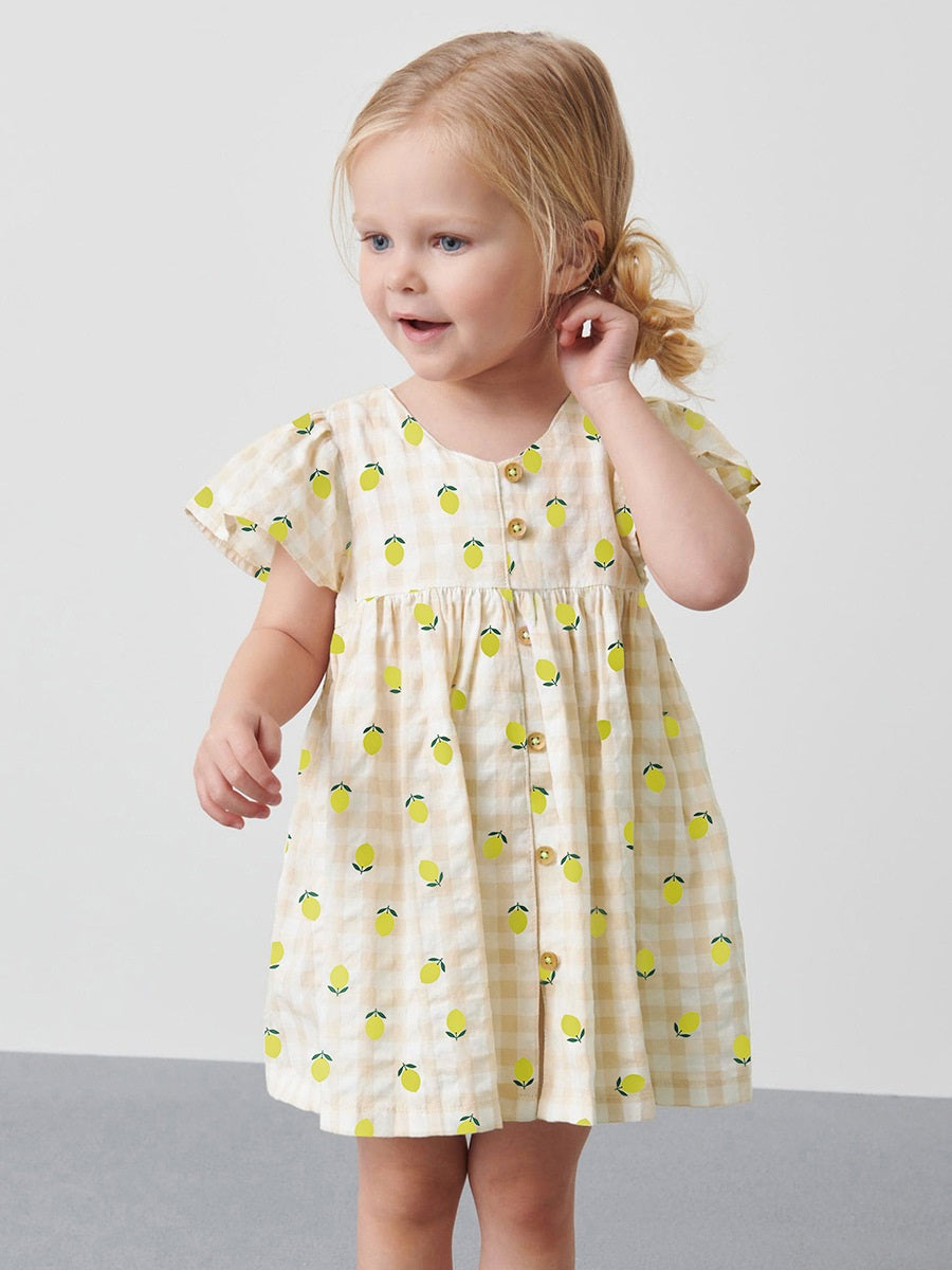 Baby Girls Single Breasted Plaid Lemons Print Short Sleeves Dress-1