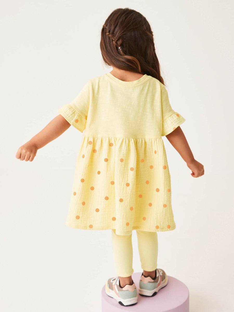 Summer Baby Kids Girls Polka Dots Yellow Dress And Pants 2-Piece Clothing Set-2