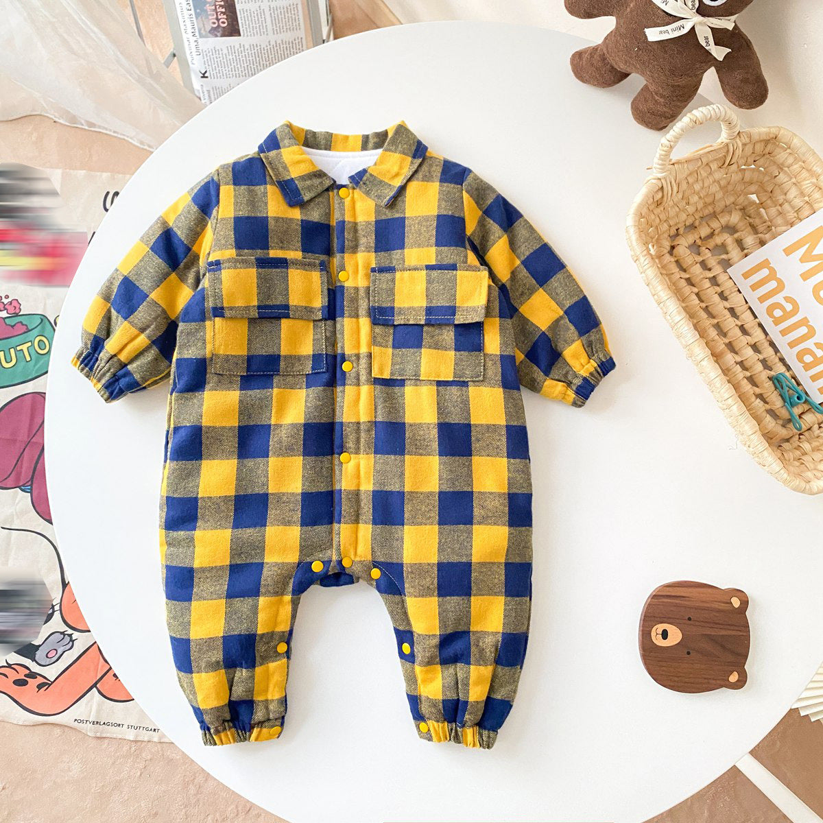 Baby Boy Plaid Pattern Snap Button Front Long-sleeved Thick Rompers-1