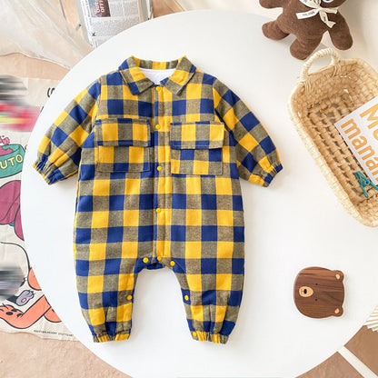 Baby Boy Plaid Pattern Snap Button Front Long-sleeved Thick Rompers-1