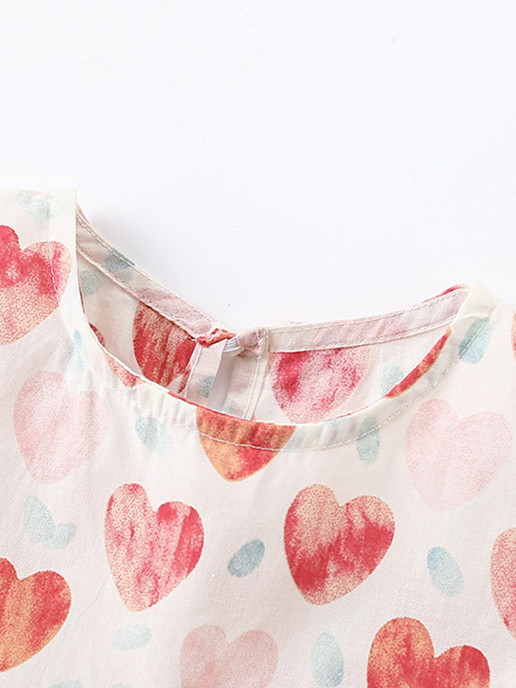 Summer New Arrival Girls’ Heart Pattern Short Sleeves Crew Neck Dress-1