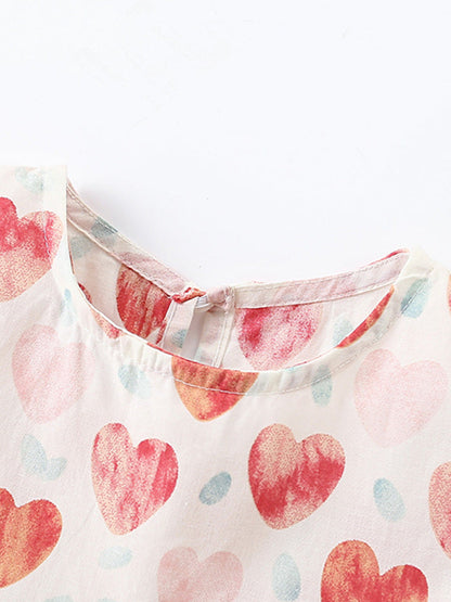 Summer New Arrival Girls’ Heart Pattern Short Sleeves Crew Neck Dress-1